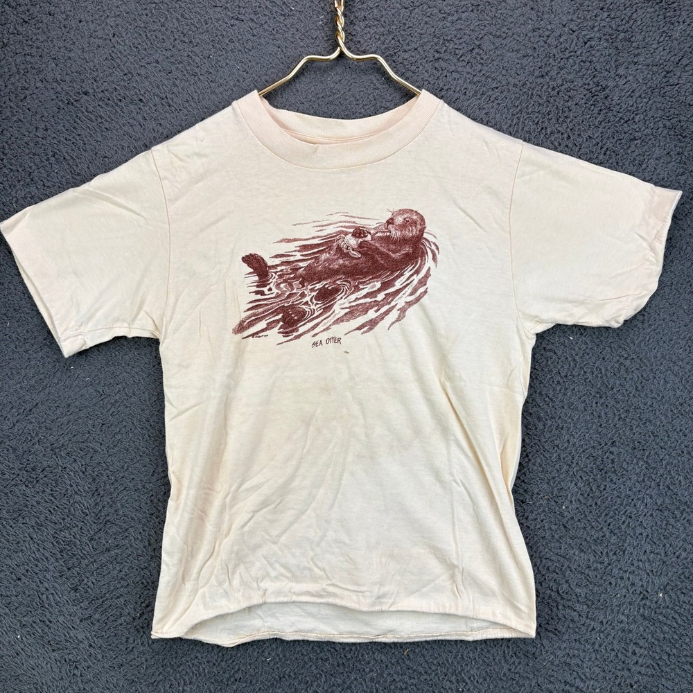 Vintage 80s Belton Sea Otter Graphic T-Shirt Mens Small Cream Made in USA Cotton